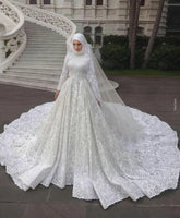 Muslim Wedding Dress For Woman Elegant O Neck Long Sleeves Luxury Lace Bridal Gowns Appliques Robes De Mariees Luxe Dubai WHITE