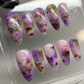 24Pcs Mid-length Almond Press on False Nails with Purple Smudge Wearable Fake Nails Lotus Design Finished Full Cover Nails Tips