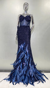 Women Summer Sexy V Neck Mesh Sequins Blue Feather Maxi Long Dress 2024 Elegant Party Evening Stage Performance Dress Vestido