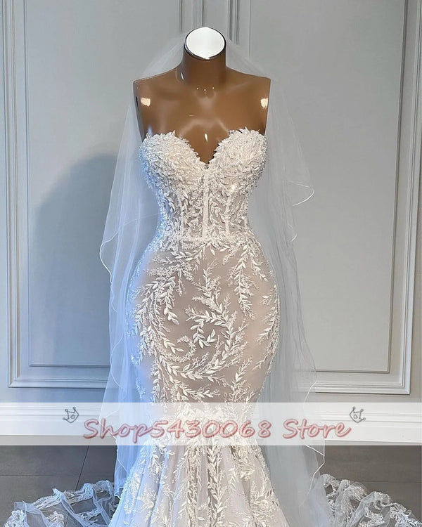 Glamorous Mermaid Wedding Dress Strapless Lace Appliques Bridal Gowns Custom Made Sleeveless Sweep Train Vestido de novia