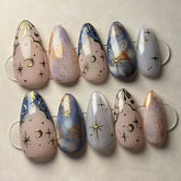 24Pcs Cat's Eye French Almond Press on Nails Tips with Star Moon Design False Nail Mid-length Oval Reusable Full Cover Fake Nail