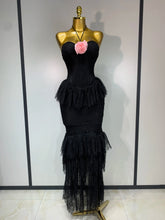 Luxury Sexy Lace Halter Flower Ruffles Long Dress Women Black Sleeveless Backless Bodycon Dresses Evening Party Birthday Dress