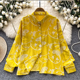 Vintage Elegant Embroidery print turn-down collar Blouse Fashion Single Breasted sweet Shirt Casual Chic Top Fairy Summer Women