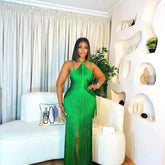Women Celebrity Luxury Sexy Backless Tassel Green Ankle Length Bodycon Bandage Dress 2024 Elegant Evening Club Party Outfit