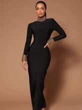 Black Color Women Long Sleeve Sexy Backless Golden Beading Bodycon Bandage Long Dress Fashion Celebrate Evening Party Dress