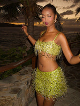 Y2K Tassel Sequin Mini Skirt Sets Women Crop Backless Sling Vest Short Hip Package A-line Skirts 2025 Summer Party Club Outfits