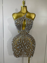 Stock Women Sparkly Big Crystal Sexy Off the Shoulder Mesh See Through Mini Dress Nightclub Party Celebrate Birthday Dress