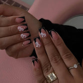 24Pcs Mid-length Square Head False Nails Press on Black French Wearable Full Cover Nails Tips Flower Rhinestone Design Fake Nail