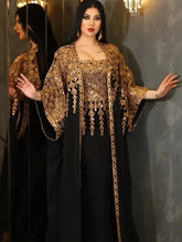 Muslim Eid Al-Adha Fashion Two Piece Shiny Embroidery Women Abayas And Vest Long Dress Overgarments Arabic Clothing Black Dress