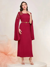 Dubai Fashion Chic Pure Handwork Diamonds Evening Party Gown Super Long Sleeve Square Collar Belted Dress Arab Robe Red Dress