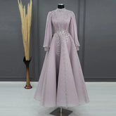 A-Line Ankle-Length Prom Dresses Vestidos De Noche High Neck Arabic Long Sleeve Evening Gowns Blue Wedding Party Dress