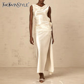 TWOTWINSTYLE Solid Sliced 3D Flower Split Dresses for Women Swinging Collar Sleeveless Patchwork Folds Backless Dress Female New