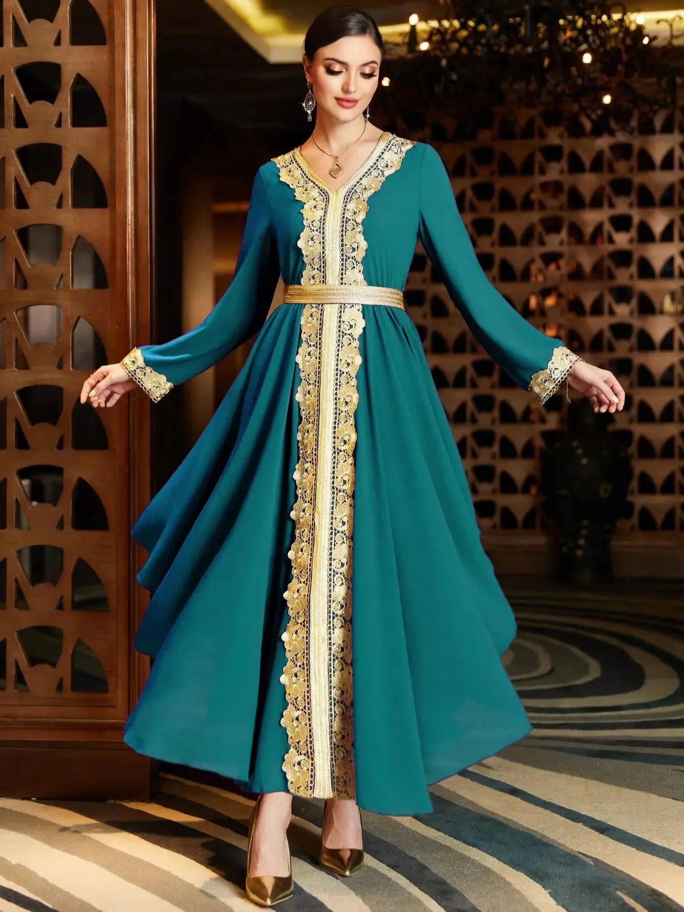 Double Layer Chiffon Asymmetric Maxi Dress for Women Corban Eid Al Adha 2023 Chic Lace Trim V Neck Long Sleeve Arab Dubai Robe