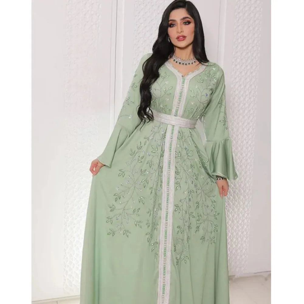 2024 Summer Women's Maxi Long Dress Embroidered Nail Beads Drilling Kaftan Gown Green Abaya Dubai Luxury Robe Femme Musulmane
