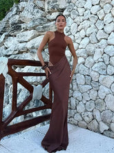 Women Elegant Patchwork Sleeveless Maxi Dress Fashion Stand Collar Waist Hollow Out Bodycon Dresses 2024 Lady Party Evening Robe Chocolate