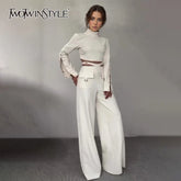 TWOTWINSTYLE Streetwear Two Piece Set For Women Stand Collar Long Sleeve Top High Waist Pant Wide Leg Pant Chic Sets Female New