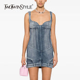 TWOTWINSTYLE Slimming Chic Denim Dresses For Women Square Collar Sleeveless High Waist Backless Mini Dress Female Fashion New
