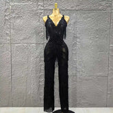Black Color Women Sleeveless Sexy V-Neck Shinning Tassels Bodycon Jumpsuit Celebrate Birthday Party Peformance Stage Wear