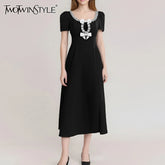 TWOTWINSTYLE Solid Slimming Spliced Bowknot Elegant Dresses for Women Round Neck Short Sleeves Patchwork Bead Dress Female New