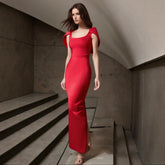 Top Quality Red Color Women Sexy Short Sleeve Square Collar Bodycon Long Bandage Dress Elegant Evening Party Wedding Wear