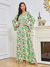 Abaya Turkish Female Chic Printing Full Sleeve V-Neck Belted Clothing Casual Long Dress For Women Saudi Arabia Green Dress