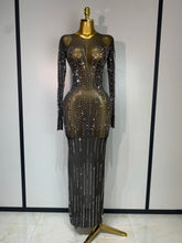 Women Sexy Long Sleeve Mesh See Through Dress 2025 Elegant Evening Party Luxury Birthday Club Rhinestone Performance Costume