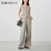 TWOTWINSTYLE Solid Loose Two Piece Sets for Women Round Neck Sleeveless Spliced Single Breasted Top High Waist Pant Set Femlae