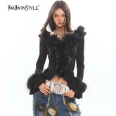 TWOTWINSTYLE Solid Fashion Spliced Fur Sweater for Women V Neck Long Sleeve Patchwork Ruffles Fold Pullovers Female Clothing New