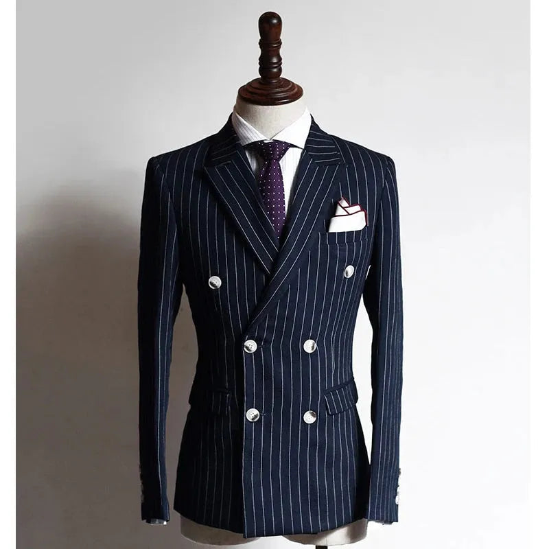 Stripe Business Formal Men Suits with Double Breasted 2 Pcs Custom Navy Blue Groom Wedding Tuxedos Male Fashion Jacket with Pant Navy Blue