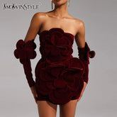 TWOTWINSTYLE Solid Slimming Temperament Mini Dresses for Women Strapless Sleeveless Patchwork 3D Flowers Dress Female Clothing