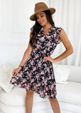 Women's Clothing New European and American Floating Sleeves Wrapped Waist Fragmented Flower Pleated Dress