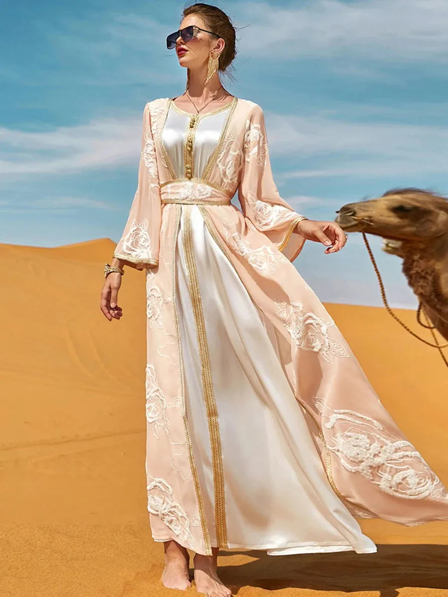 Muslim Suit Set For Moroccan Luxury Women's Jalabiya Dubai Party Clothing Fashion Embroidery Belted Long Dress Meat Pink Dress