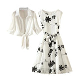 New Elegant Suit Two-piece Dress High Waist Sleeveless Slim A-line Skirt Floral Embroidery White Top Bow Belt Vintage WOMEN