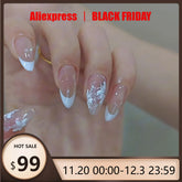 24pcs Light Blue French Press on Nails White Flower Print Simple Short Nails Full Cover Wearable False Nails