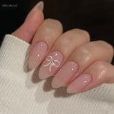 Almond Fake Nails Nude Color Press on Nails Bowknot Designed Simple Wearable False Nails Tips for Women DIY Manicure 24Pcs