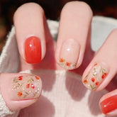 24Pcs Short Square Head Press on Fake Nails with Orange Red Flower Design False Nails for Woman Detachable Full Cover Nails Tips