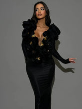 Chic Women Celebrity Sexy Deep V Neck Flower Black Maxi Long Bandage Bodycon Dress 2025 Elegant Evening Club Party Outfit