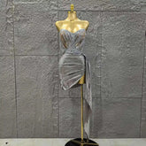 Silver Color Women Sexy Strapless Tassels 2 Pieces Bodycon Mini Dress Nightclub Party Bar Singer Celebrate Performance Costume