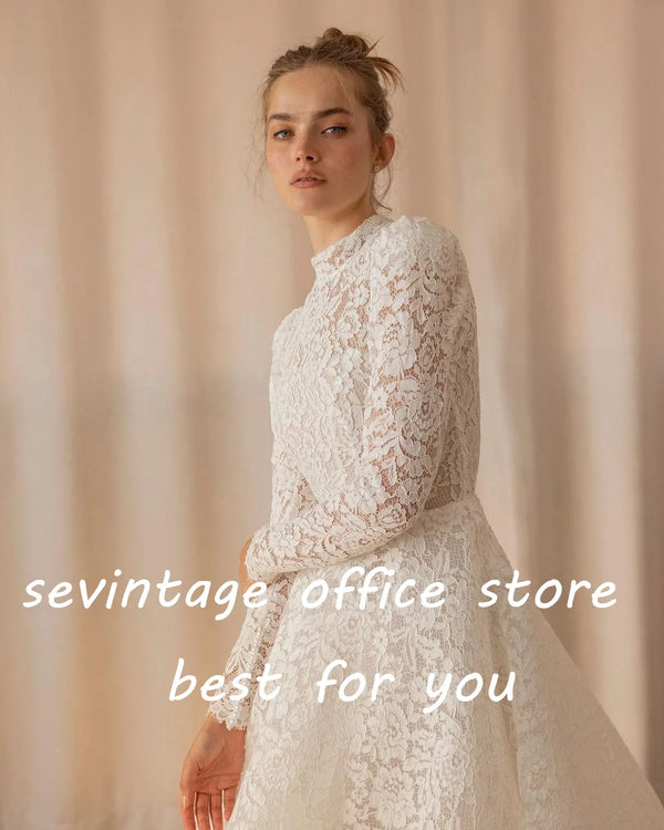 Sevintage Modest Wedding Dresses Lace Appliques Long Sleeves High-Neck Princess A-Line Wedding Gown vestido de noiva
