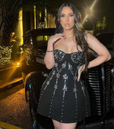 Black Red Women Sexy Strapless Shinning Crystal A-Line Mini Bandage Dress Celebrate Christmas Nightclub Party Outfit