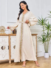 Fashion Elegant Embroidery Tape Trim Muslim Long Dress For Women Belted Clothing Marocain Turkish Abaya Apricot Dress