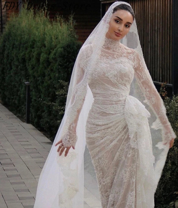 Vintage Mermaid Long Sleeves Wedding Dresses High Neck Lace Pleated Bridal Gowns Floor Length Elegant Wedding Party Dresses