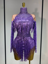 Women Sexy Purple Red Stretchy Long Sleeve Bodysuit Nightclub Singer Dancer Tassel Stage Costume Evening Party Birthday Outfit