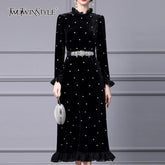 TWOTWINSTYLE Solid Slimming Spliced Wave Point Elegant Dresses for Women Round Neck Long Sleeves Patchwork Bead Dress Female New