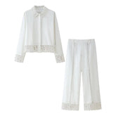 PB&ZA 2025 Women White Long Sleeve Blouse and Wide Leg Pants Set with Lace Trim Elegant Design for Sale on AliExpress