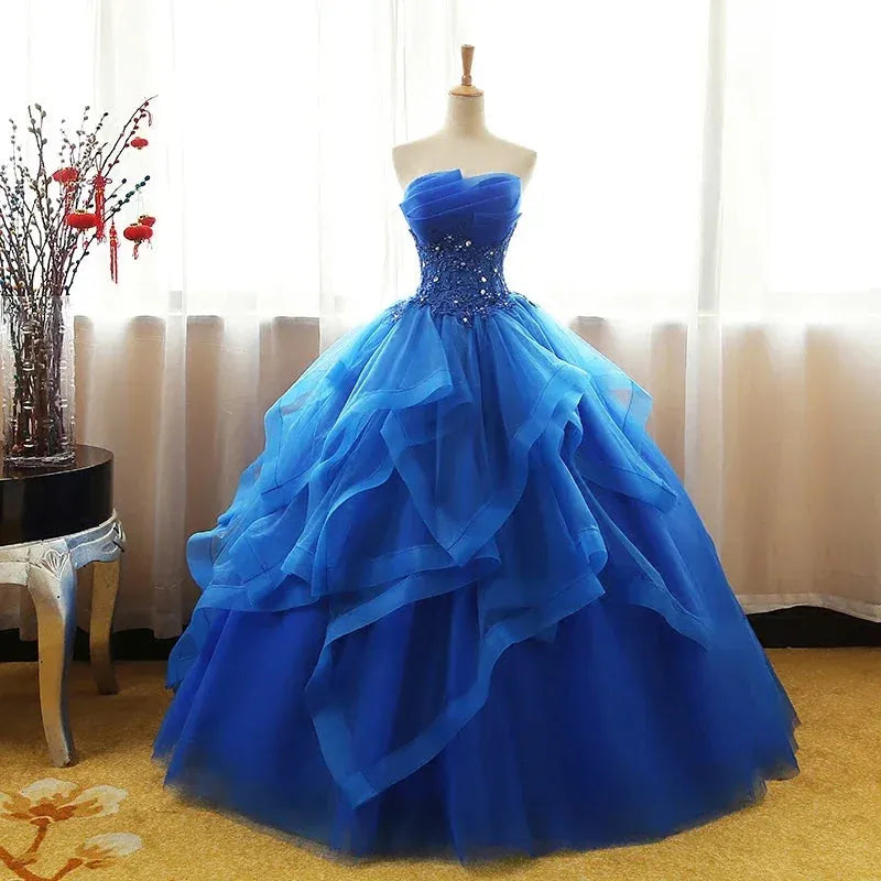Fashion Luxury Lace Black Blue Champagne Quinceanera Dress Ruched Crystal Organza Vestidos De 15 Debutante Gown Bohemia Princess