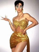 Stock Women Strapless Backless Gold Ruched Mini Skirt Set Birthday Party Costume Bar Nightclub Stage Performance Clothing
