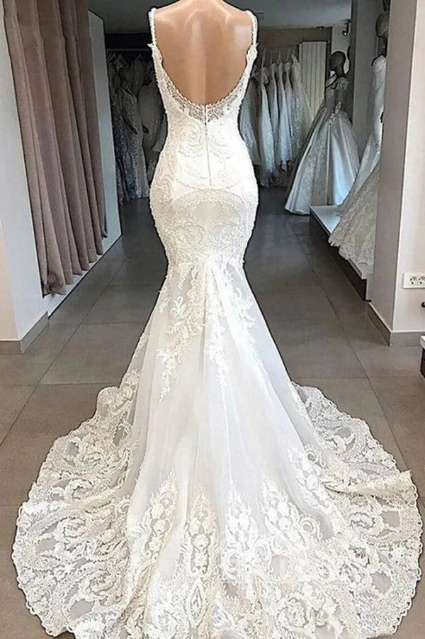 Haute Couture Elegant White Embroidery Spaghetti Strap Bride Dress Mermaid Appliques Sweep Train Floor-Length Wedding Dress