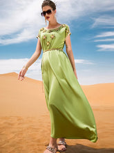 Satin Pure Handwork Rhinestone Chic Solid Short Sleeve O-Neck Belted Clothing Elegant Muslim Summer Long Dress 2023 Avocado Green Dress