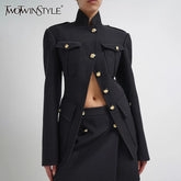 TWOTWINSTYLE Colorblock Casual Coats For Women Stand Collar Long Sleeve Patchwork Single Breasted Chic Jackets Female Clothing